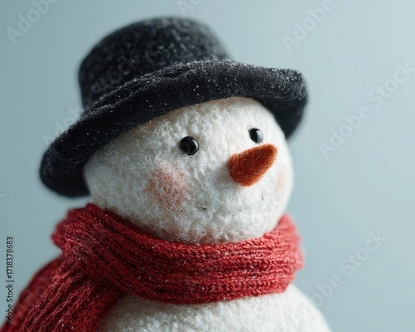 Obraz Charming Snowman Figurine with Black Hat and Red Scarf, Perfect for Winter Decor and Holiday Celebrations, Capturing the Joy of the Season
