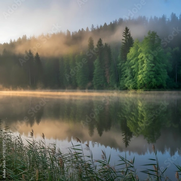 Obraz Misty morning fog over a serene forest lake with golden sunrise light
