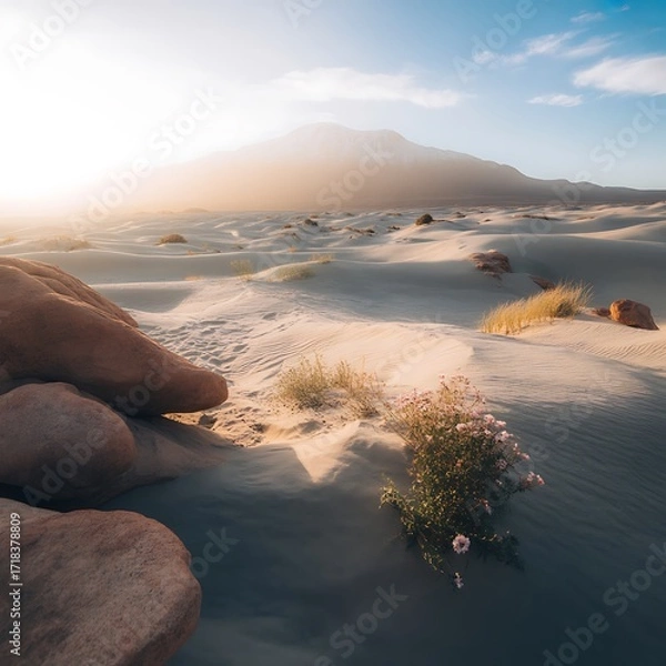Fototapeta Golden hour light on desert landscape with sparse vegetation and rocks