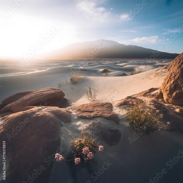 Fototapeta Golden hour sunset over a rocky beach with distant mountain and ocean waves