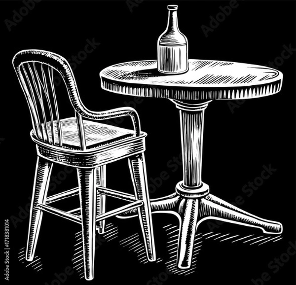Obraz Vintage Wood Chair and Table with Bottle Illustration