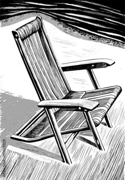 Obraz Black and White Illustration of a Striped Folding Beach Chair