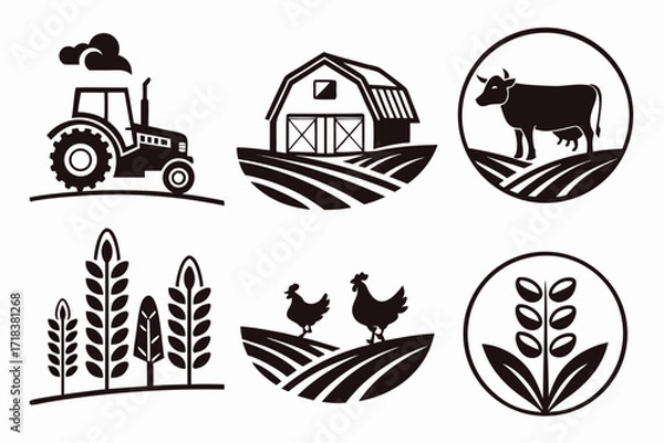 Obraz Farm Icons: Tractor, Barn, Cow, Wheat, Chicken - Black and White Vector Illustrations