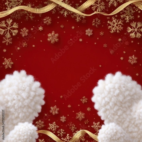 Fototapeta A Cozy Winter Scene Featuring Soft White Mittens Against a Vibrant Red Background with Glittering Snowflakes and Elegantly Curved Gold Accents