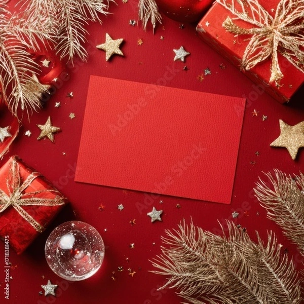 Fototapeta Festive Holiday Scene Featuring Glittering Gold and Red Decorations, Wrapped Gifts, Sparkling Stars, and Blank Card Against a Vibrant Background