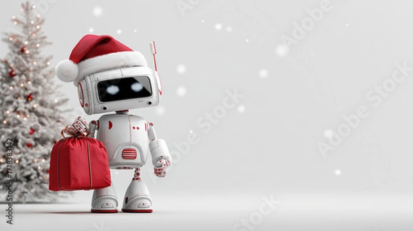 Fototapeta White Robot in a Santa Claus hat holds a red Bag of gifts , with christmas tree and  decorations
