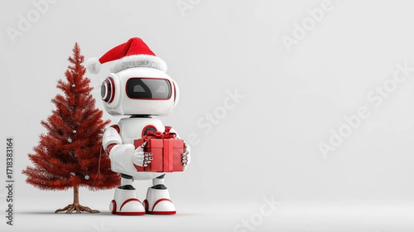 Fototapeta White Robot in a Santa Claus hat holds a red Bag of gifts , with christmas tree and  decorations