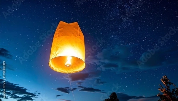 Obraz Illuminated lantern soaring into a starry night sky