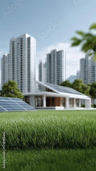 Fototapeta Modern home with solar panel system on a green lawn, residential area with city skyline in the background. Sustainable living and smart home concept.