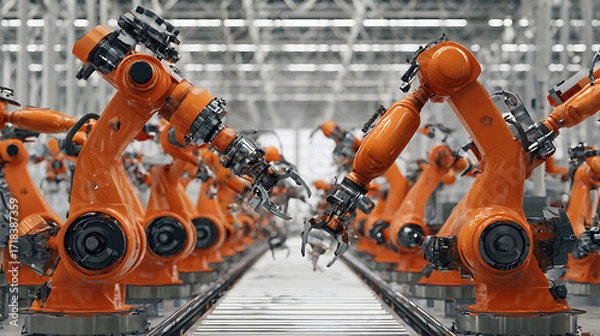 Fototapeta Rows of orange industrial robotic arms in a modern manufacturing facility