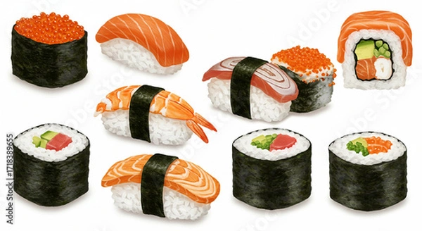 Fototapeta A delectable assortment of sushi illustrations, showcasing various types of nigiri and maki rolls, perfect for restaurant menus, culinary blogs, or any project requiring high-quality sushi imagery....