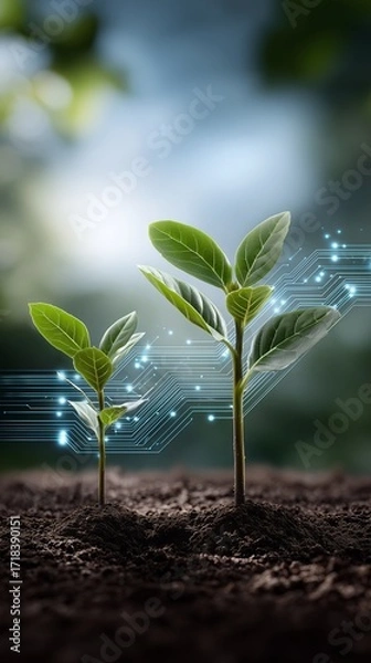 Fototapeta Two small plants growing connected by digital circuit lines. Concept of smart agriculture and technological innovation in farming. Futuristic gardening.