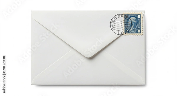 Fototapeta Vintage White Envelope with a Blue Postage Stamp: A Detailed Close-Up Image Perfect for Design Projects and Nostalgia-Themed Content.  This high-resolution photograph showcases a classic white enve...