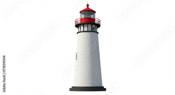 Fototapeta Majestic Coastal Lighthouse: A Stunning 3D Render of a Classic White Brick Beacon with a Red Lantern Room, Isolated on a Pure White Background - Perfect for Nautical, Travel, and Architecture Proje...