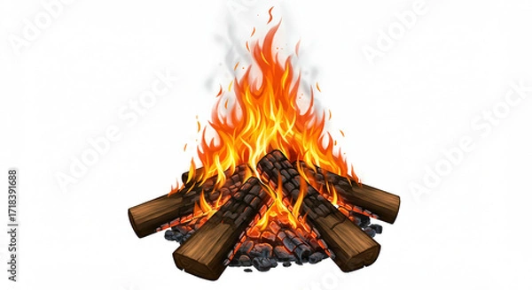 Fototapeta Fiery Campfire Illustration: Realistic Burning Wood and Embers for Design Projects, Website Banners, and Game Assets. This high-resolution image depicts a vibrant and detailed campfire with realist...