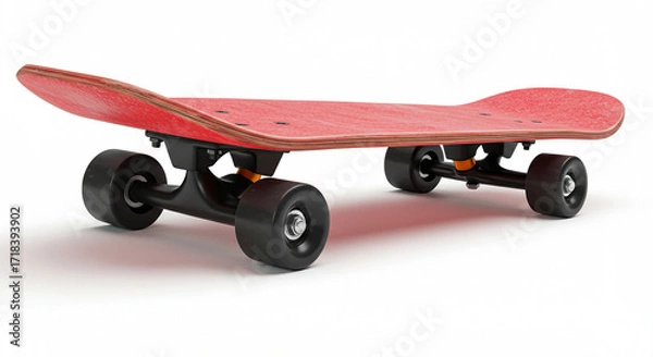 Fototapeta High-Resolution 3D Render of a Red Skateboard: Perfect for Sport, Lifestyle, and Recreation Projects. This detailed image showcases a classic red skateboard deck with black trucks and wheels, offer...