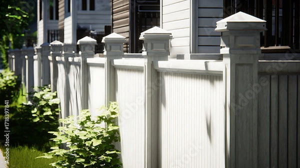 Obraz White vinyl fence with decorative posts in a suburban residential yard