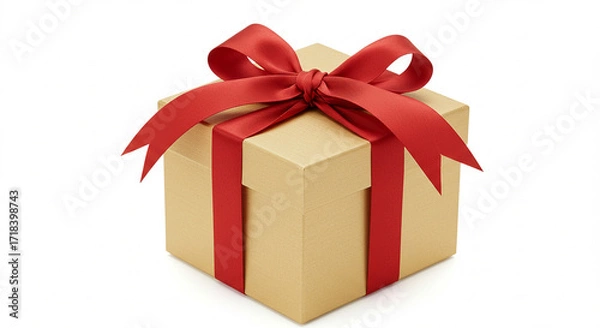 Fototapeta Elegant Gold Gift Box with a Vibrant Red Ribbon: A Perfect Present for Any Occasion. High-resolution studio shot showcasing a meticulously wrapped gift, ideal for e-commerce, holiday marketing, and...