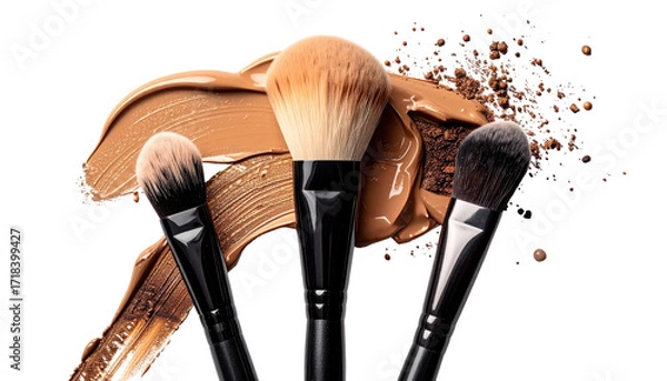 Fototapeta Makeup brushes and foundation.  Three makeup brushes with black handles, various shapes and sizes,  surrounded by streaks and splatters of beige/tan foundation and loose powder