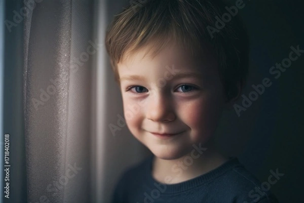 Fototapeta Young boy smiles at the window during a cozy afternoon indoors Generative AI