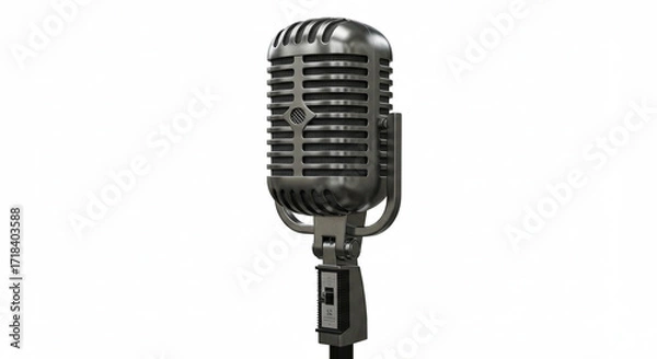 Fototapeta Vintage Silver Microphone on Stand: High-Resolution 3D Render of a Classic Retro Microphone, Perfect for Music, Podcast, Radio, and Broadcasting Projects.  Ideal for creating nostalgic, vintage-the...