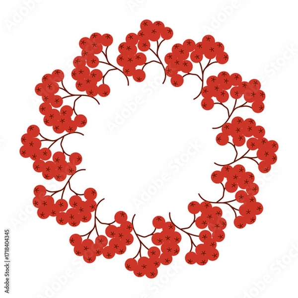 Fototapeta Festive wreath made of bright red rowan berries and twigs. Ideal for autumn, winter, holiday, Christmas, greeting card and rustic decor