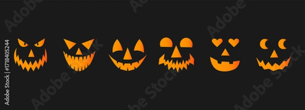 Fototapeta Set of spooky pumpkin smiles in orange on black background. Horror and scary faces. Design for Halloween