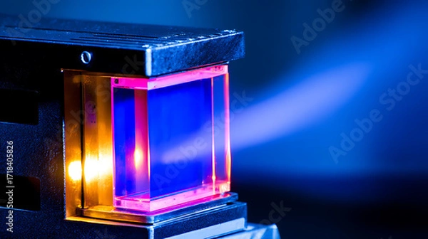 Fototapeta Close-up of a glowing optical device emitting blue and pink light, likely used in scientific or technological applications.