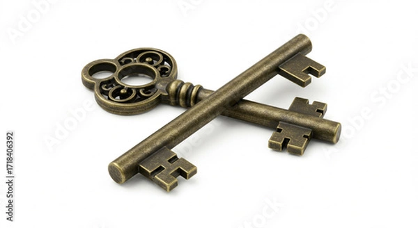 Fototapeta Antique Brass Skeleton Keys: A High-Resolution Image of Two Ornate Keys Crossed on a White Background, Perfect for Concepts of Secrecy, Mystery, History, or Treasure. Ideal for websites, blogs, art...