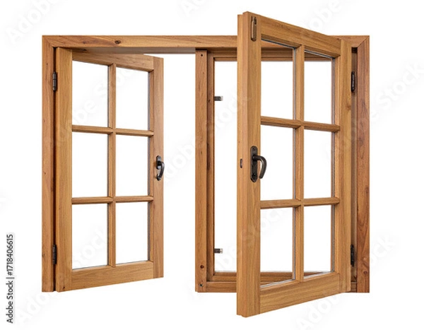 Fototapeta Wooden double-hung window open wide, showing divided panes