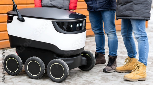 Fototapeta Autonomous delivery robot with people standing nearby on a paved surface