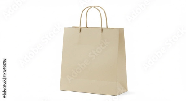 Fototapeta Elegant Beige Paper Shopping Bag with Twisted Rope Handles: Mockup for Branding and Design Projects. High-resolution 3D rendering of a blank, beige paper shopping bag, isolated on a white backgroun...