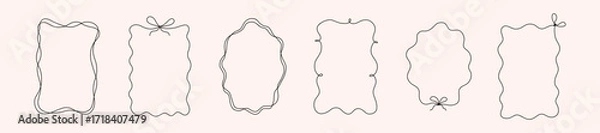 Fototapeta Doodle hand drawn frames with wavy lines, bows and ribbons. Minimalist simple line art. Trendy vintage whimsical borders for wedding invitations, birthday card, prints. Vector modern illustration.