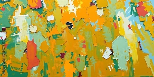 Fototapeta An abstract painting featuring a textured collage of orange, yellow, and green brushstrokes and paper scraps.