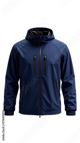 Fototapeta Dark navy blue jacket with a hood.  Zippered front and side pockets.  Durable, water-resistant material
