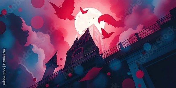Fototapeta A dramatic and stylized view of a building at night with a full moon, flying bats, and a bold pink and blue color palette.