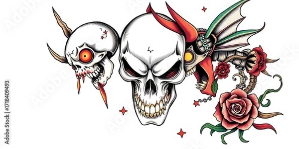 Fototapeta A group of three stylized skulls in a tattoo art style with devil horns, wings, and red roses.