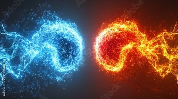 Fototapeta Two opposing forces collide in a vibrant display of energy, showcasing a dynamic interplay of contrasting, glowing spheres.