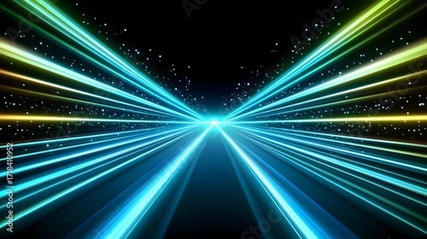 Fototapeta A dynamic, vibrant, and futuristic image depicts a multitude of glowing, light trails converging towards a central point, creating a sense of speed and energy.
