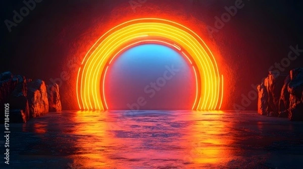 Fototapeta A vibrant neon archway, illuminated by warm orange and cool blue hues, leads into a mysterious space, surrounded by textured rock formations, reflecting on a calm body of water.