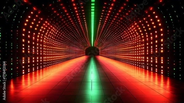Fototapeta A vibrant tunnel, illuminated by a network of red and green LED lights, creates a captivating and futuristic atmosphere.