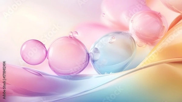 Fototapeta A vibrant display of smooth, flowing colors featuring translucent bubbles in various shades of pink, blue, and pastel yellow.