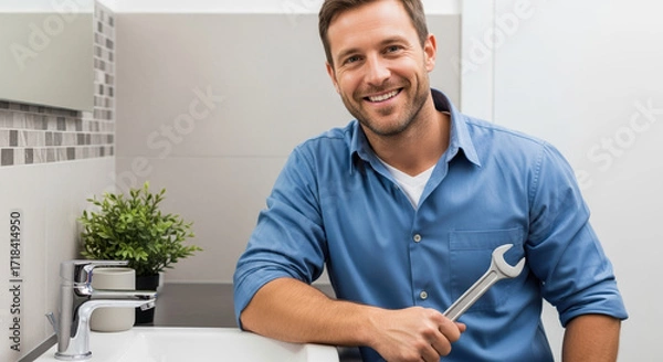 Fototapeta Happy plumber holding adjustable wrench in modern bathroom. Friendly service technician smiling confidently. Professional plumber ready for work.