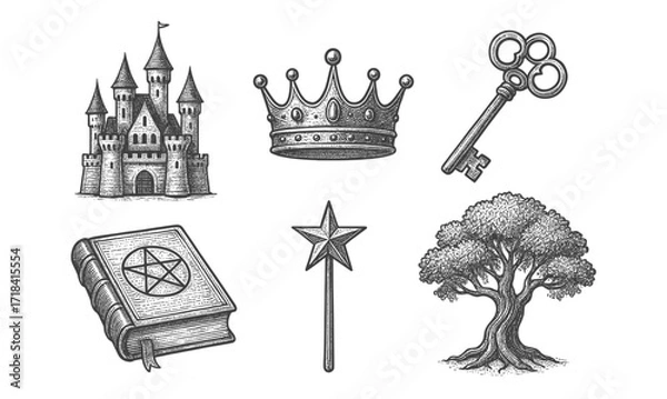 Fototapeta Medieval fantasy elements: castle, crown, and magical symbols in engraved style
