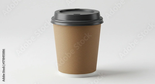 Fototapeta High-Resolution Image of a Disposable Coffee Cup with Black Lid - Perfect for Mockups and Branding Projects.  This meticulously crafted 3D render showcases a realistic brown paper coffee cup, compl...
