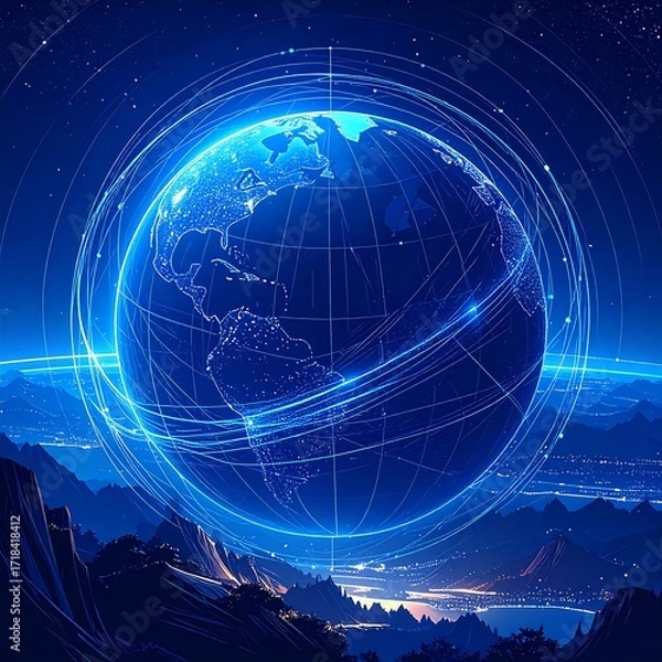 Fototapeta Futuristic Earth hovering over a mountain range