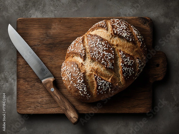 Obraz Freshly baked bread on a rustic wooden cutting board.