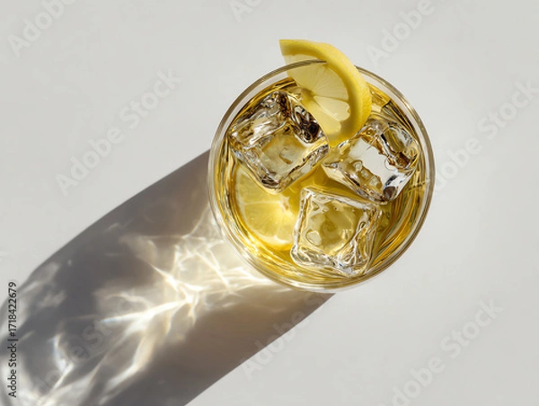 Fototapeta Refreshing drink with ice cubes and a lemon twist on white surface.