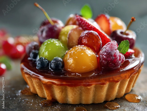 Fototapeta Delicious fruit tart topped with fresh berries and glistening glaze.