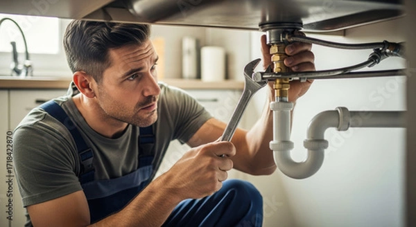 Fototapeta Skilled plumber repairs leaky pipes, ensuring problem is handled efficiently. Professional plumber is working under sink using wrench, and taking care of plumbing issues at home.